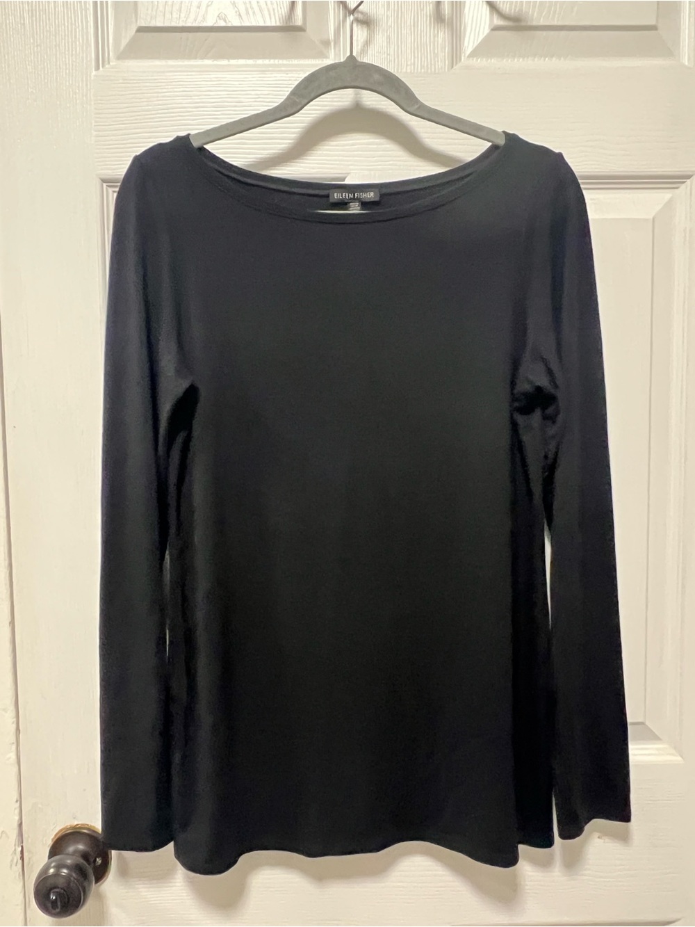 Eileen Fisher Black Long-Sleeve Boatneck Top Small Viscose Stretch Jersey